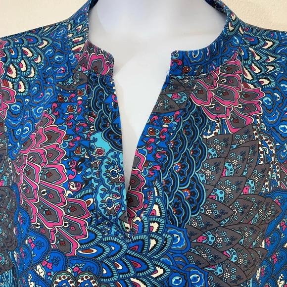 Womans Top Tunic 3X  Colorful Blue Print Jersey Knit Long Sleeve  V Neck Boho - Picture 2 of 11